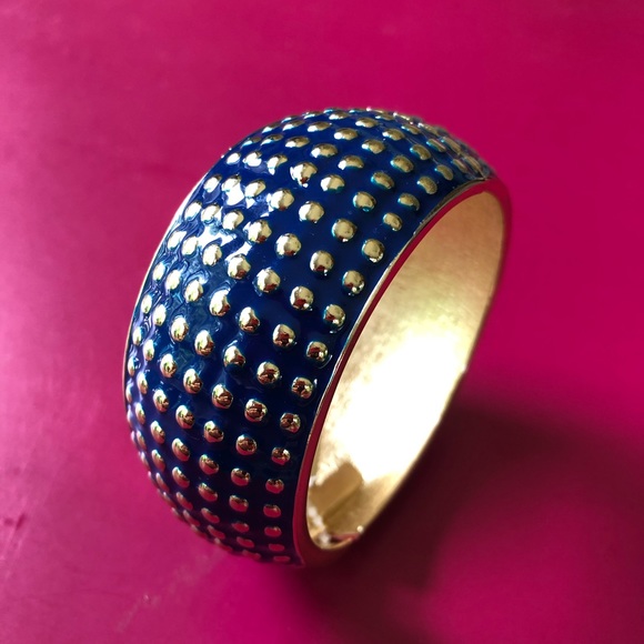 💙 Blue Enameled Hinged Bangle with Golden Dots 💙 - Picture 2 of 7